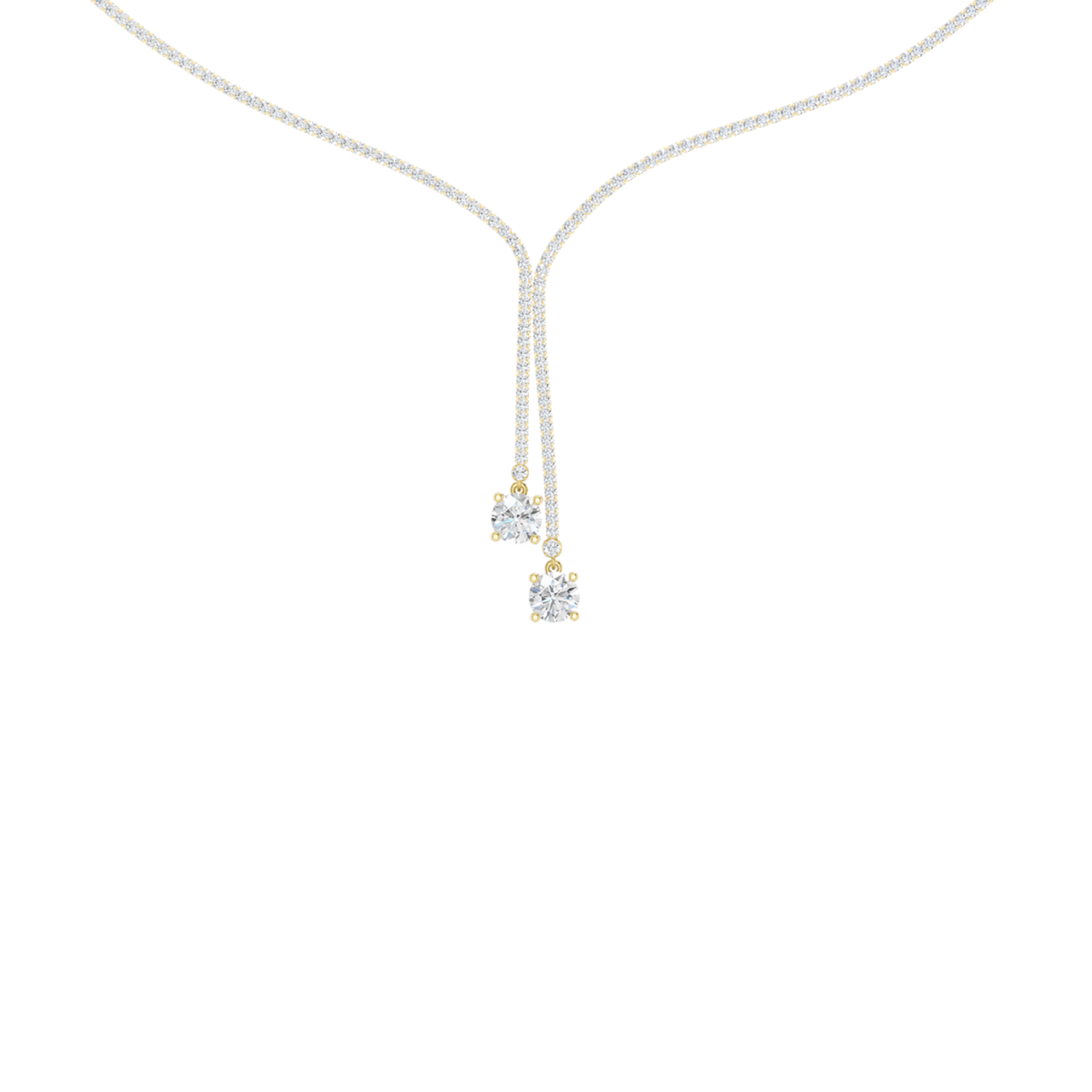A close-up of the delicate 14K yellow gold diamond lariat Y necklace (Versailles Plunge) on a light background.