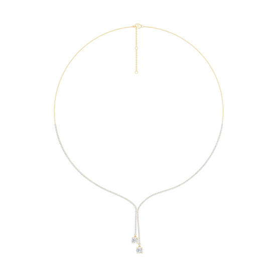 A top-down view of the 14K yellow gold diamond lariat Y-necklace (Versailles Plunge), highlighting the adjustable chain and deep diamond drop.
