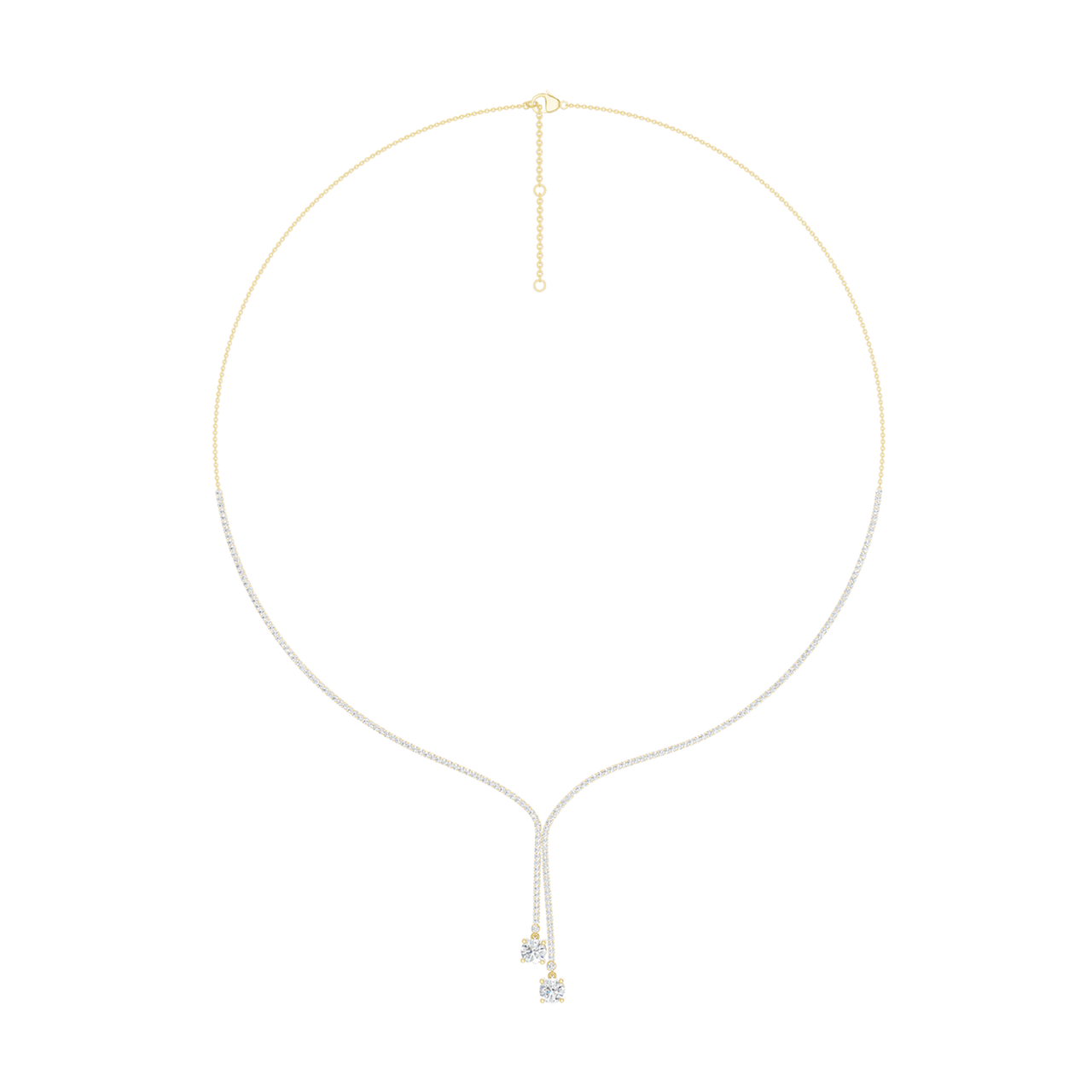 A top-down view of the 14K yellow gold diamond lariat Y-necklace (Versailles Plunge), highlighting the adjustable chain and deep diamond drop.