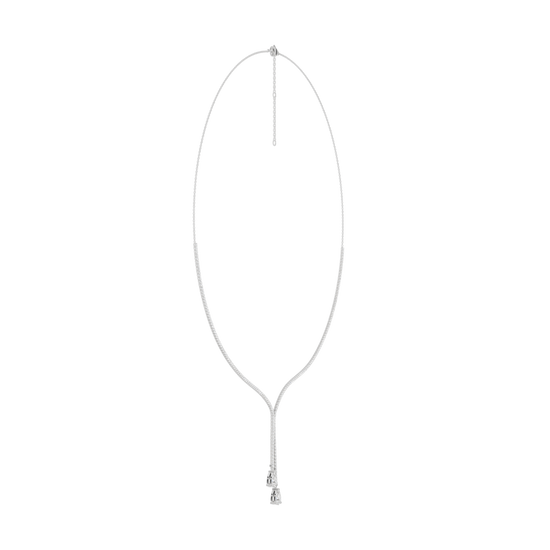 A full top-down view of the white gold diamond Y-necklace laid flat, showing its ability to elongate the neck.
