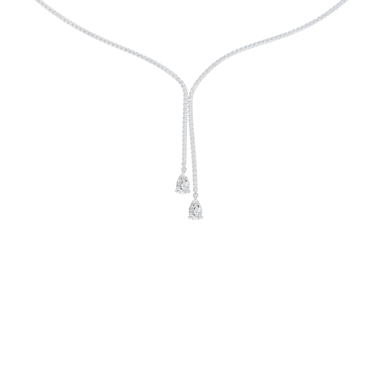 A close-up view of the 14K white gold Aurora Lariat necklace's drop, highlighting the two terminating brilliant diamonds.