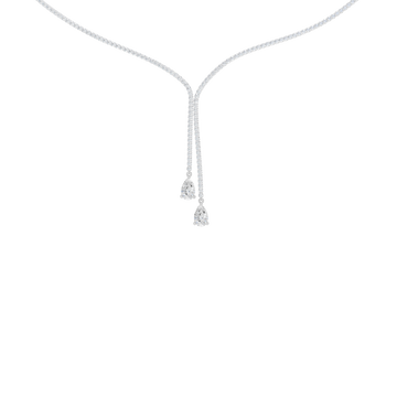 A close-up view of the 14K white gold Aurora Lariat necklace's drop, highlighting the two terminating brilliant diamonds.