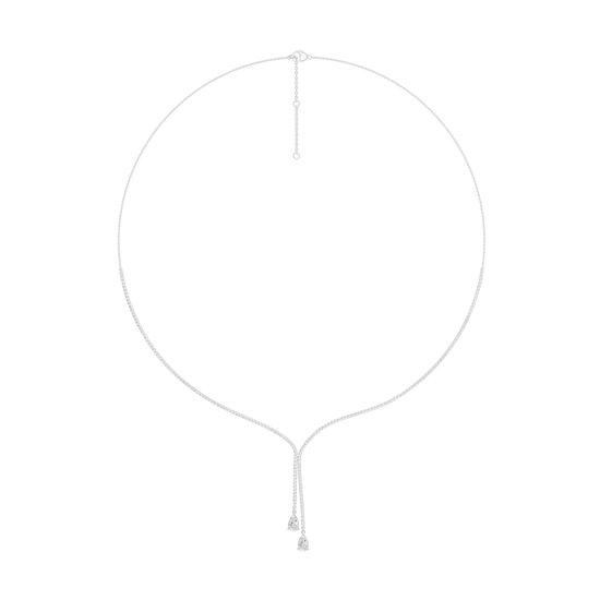 A full view profile of the 14K white gold Aurora diamond Lariat Y-necklace, designed for easy layering.