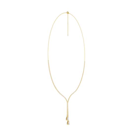 A full top-down view of the yellow gold diamond Y-necklace laid flat, showing its ability to elongate the neck.