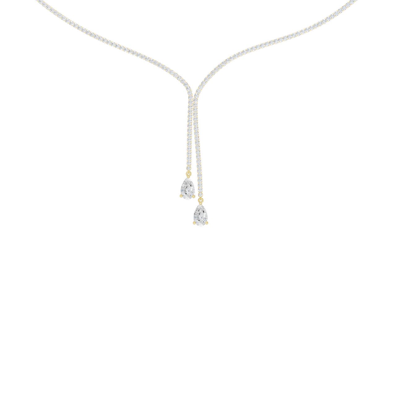 A close-up view of the 14K yellow gold Aurora Lariat necklace's drop, highlighting the two terminating brilliant diamonds.