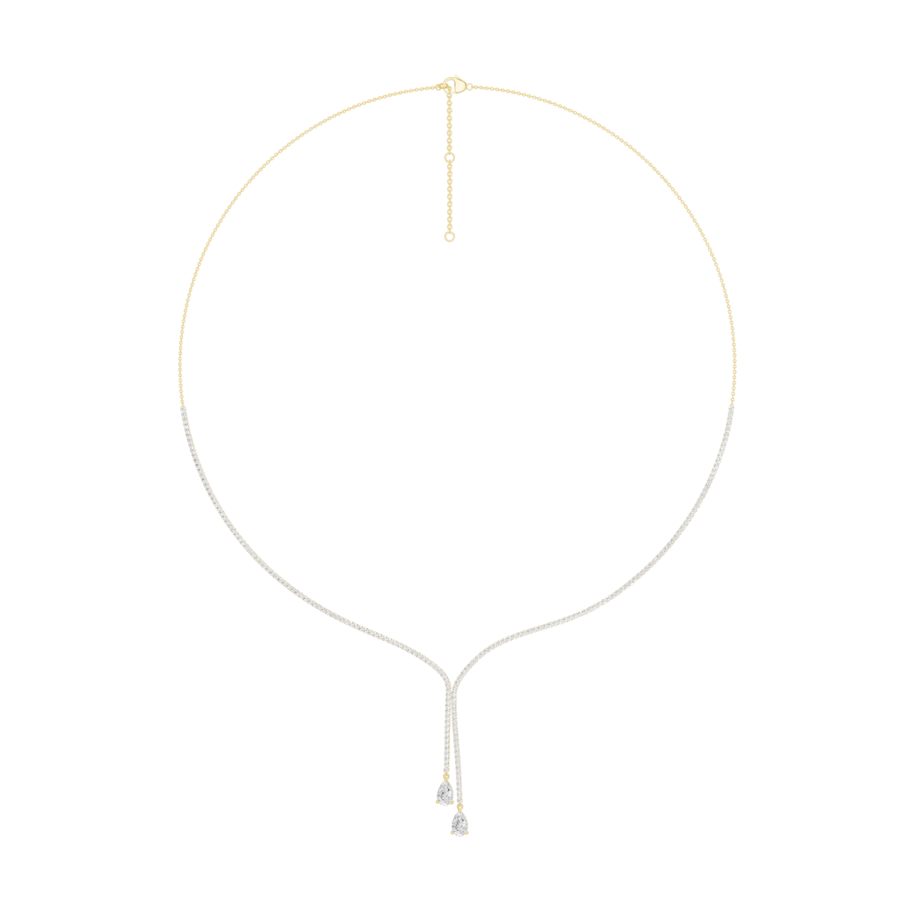 A full view profile of the 14K yellow gold Aurora diamond Lariat Y-necklace, designed for easy layering.
