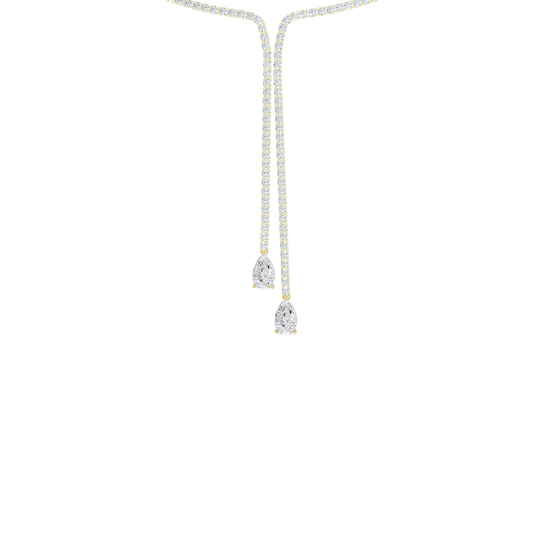 A close-up view of the cascading lab-grown diamonds and drop of the 14K white gold Manifest Cascade necklace.