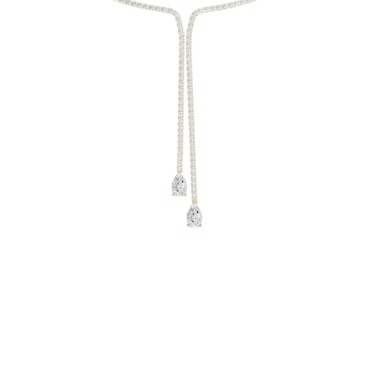 A close-up view of the cascading lab-grown diamonds and drop of the 14K white gold Manifest Cascade necklace.