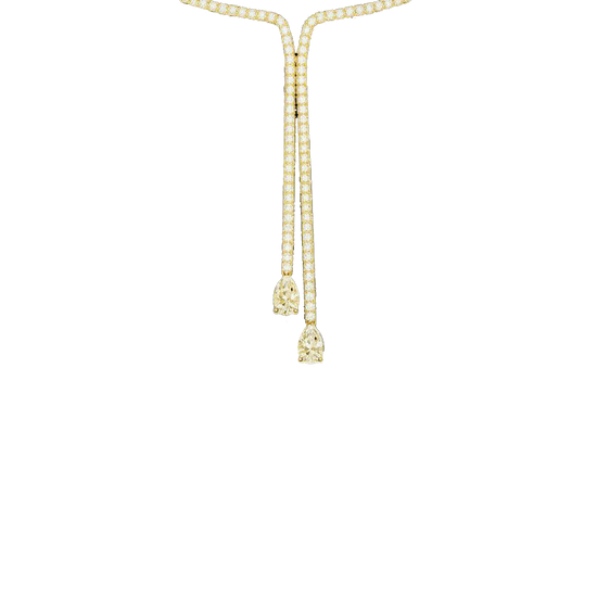 A close-up view of the cascading lab-grown diamonds and drop of the 14K yellow gold Manifest Cascade necklace.
