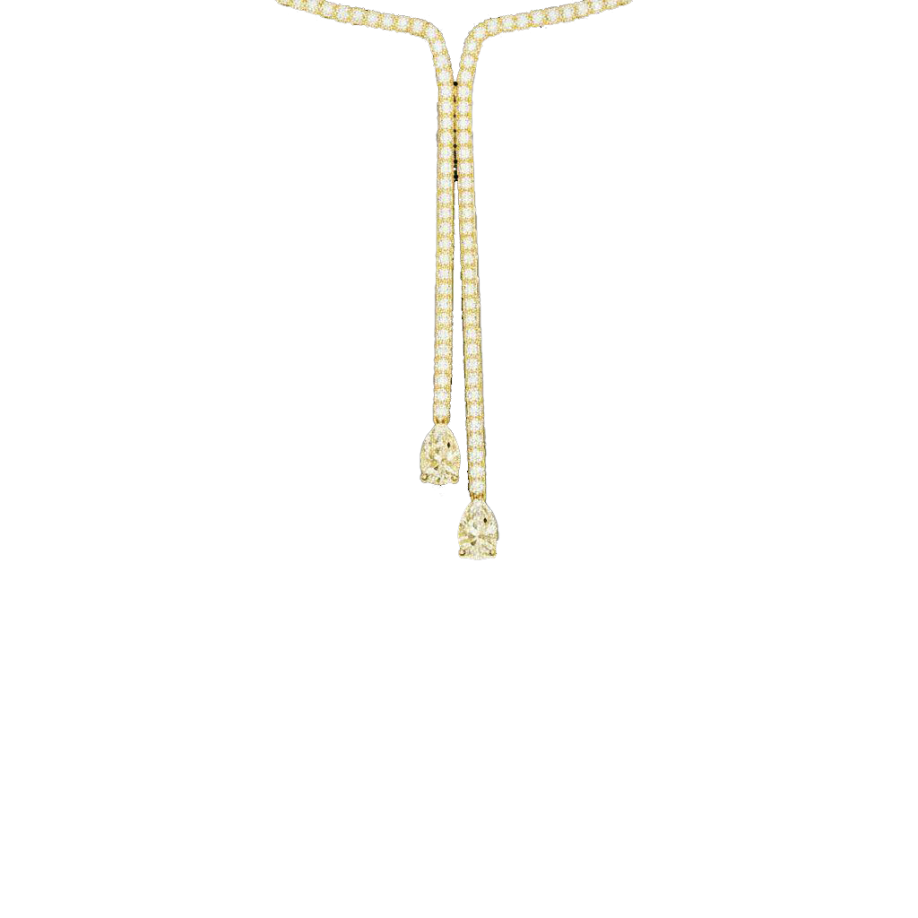A close-up view of the cascading lab-grown diamonds and drop of the 14K yellow gold Manifest Cascade necklace.
