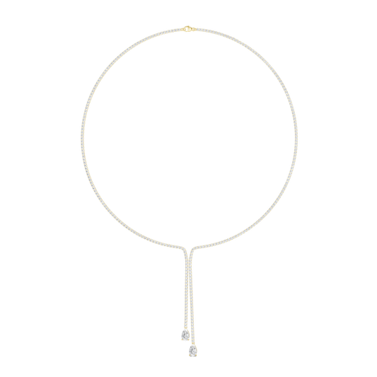 A full view profile of the 14K white gold Manifest Cascade Y-necklace, showcasing its light-catching cascade of lab-grown diamonds.