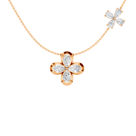 Front view of a yellow gold floral diamond necklace featuring a marquise-cut diamond flower pendant with matching diamond accents along a delicate rose gold chain.