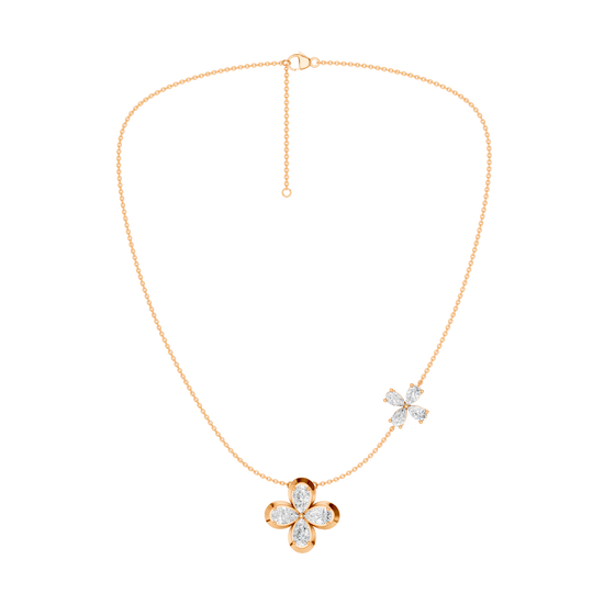 Front view of a yellow gold floral diamond necklace featuring a marquise-cut diamond flower pendant with matching diamond accents along a delicate rose gold chain.