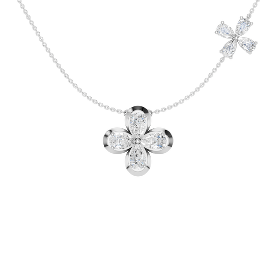 Front view of a yellow gold floral diamond necklace featuring a marquise-cut diamond flower pendant with matching diamond accents along a delicate white gold chain.
