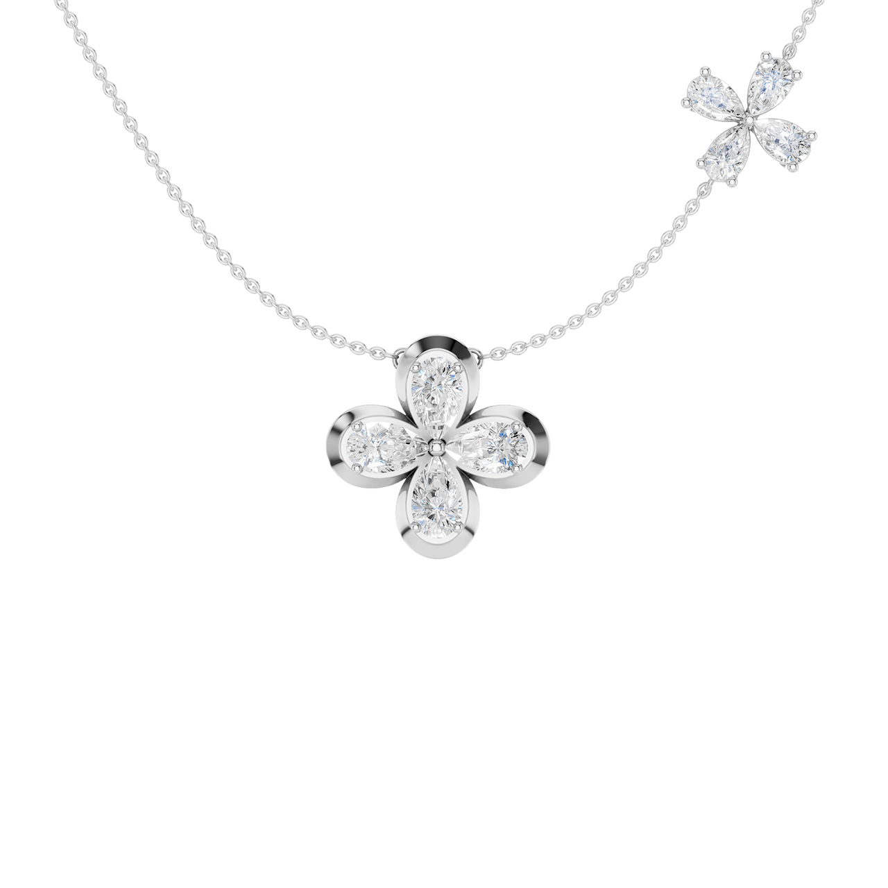 Front view of a yellow gold floral diamond necklace featuring a marquise-cut diamond flower pendant with matching diamond accents along a delicate white gold chain.