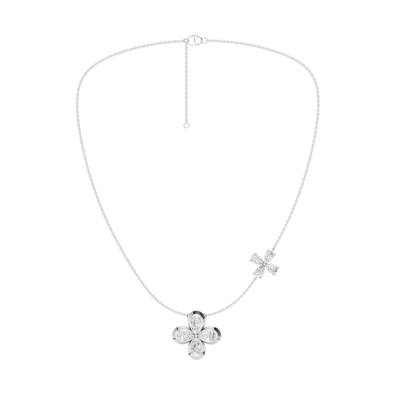 Front view of a yellow gold floral diamond necklace featuring a marquise-cut diamond flower pendant with matching diamond accents along a delicate white gold chain.