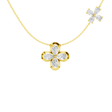 Front view of a yellow gold floral diamond necklace featuring a marquise-cut diamond flower pendant with matching diamond accents along a delicate yellow gold chain.