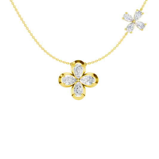 Front view of a yellow gold floral diamond necklace featuring a marquise-cut diamond flower pendant with matching diamond accents along a delicate yellow gold chain.