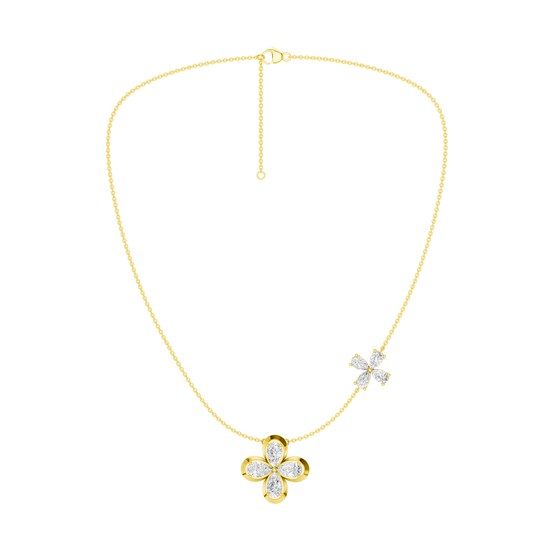 Front view of a yellow gold floral diamond necklace featuring a marquise-cut diamond flower pendant with matching diamond accents along a delicate yellow gold chain.