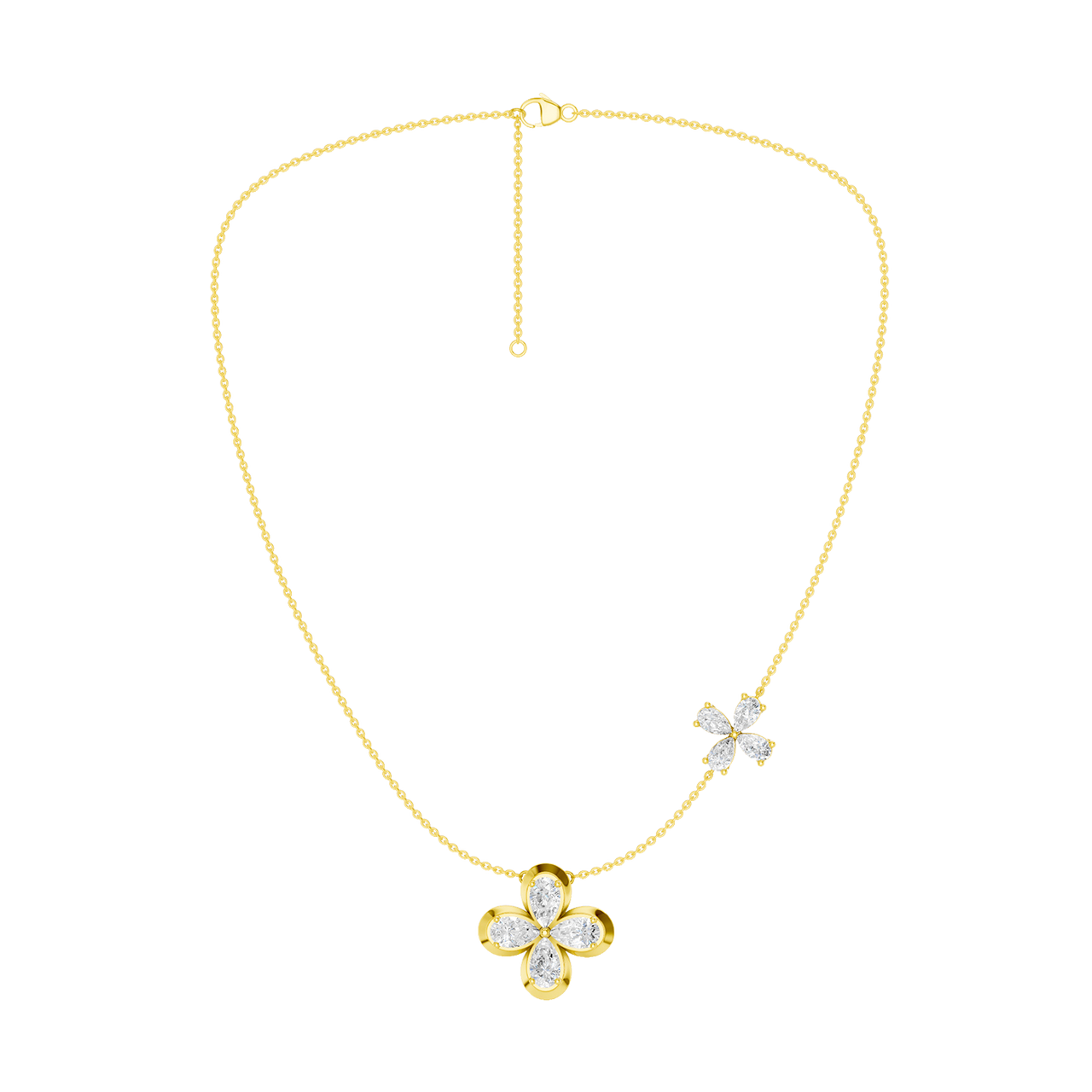 Front view of a yellow gold floral diamond necklace featuring a marquise-cut diamond flower pendant with matching diamond accents along a delicate yellow gold chain.