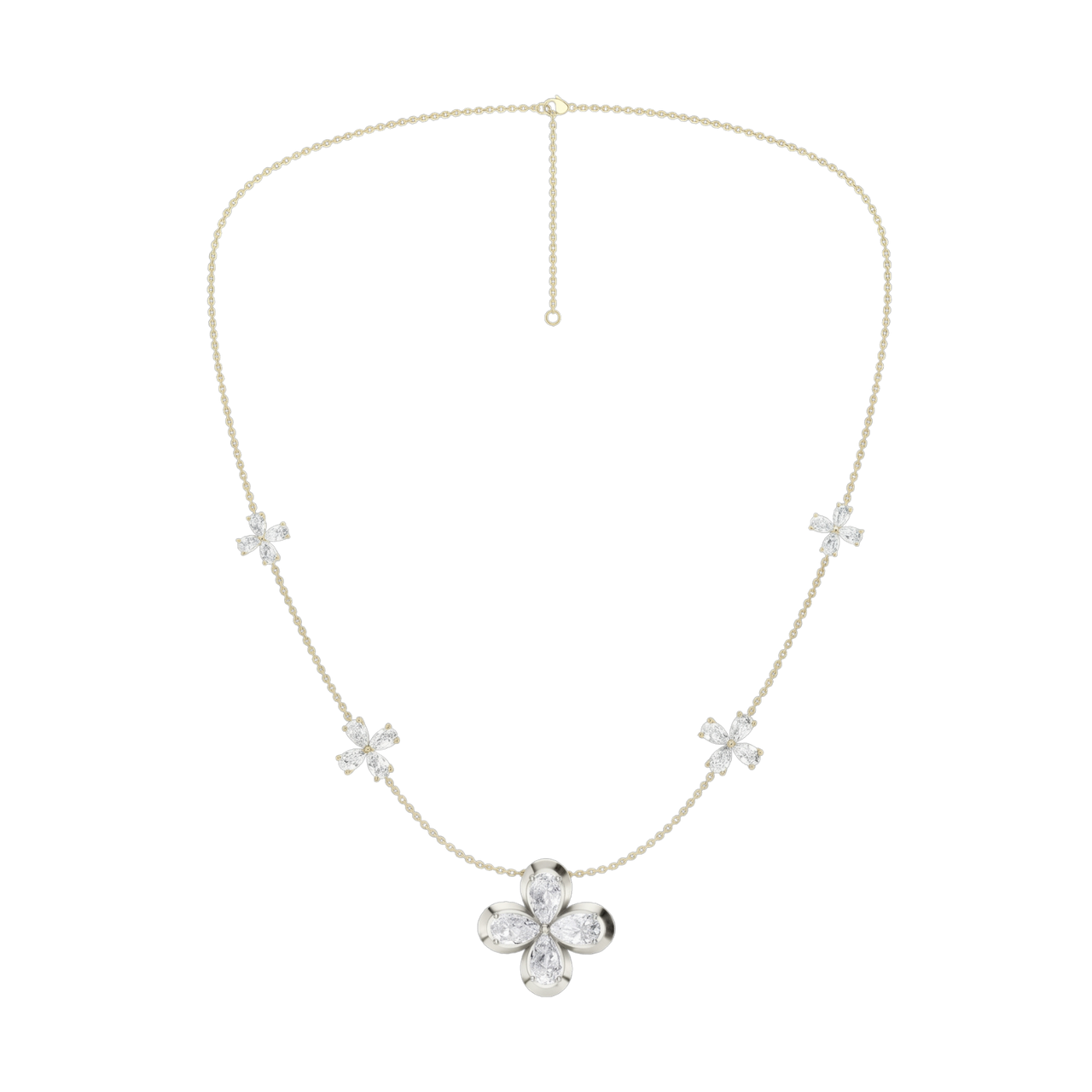 Front view of a white gold floral diamond necklace featuring a marquise-cut diamond flower pendant with matching diamond accents along a delicate gold chain.