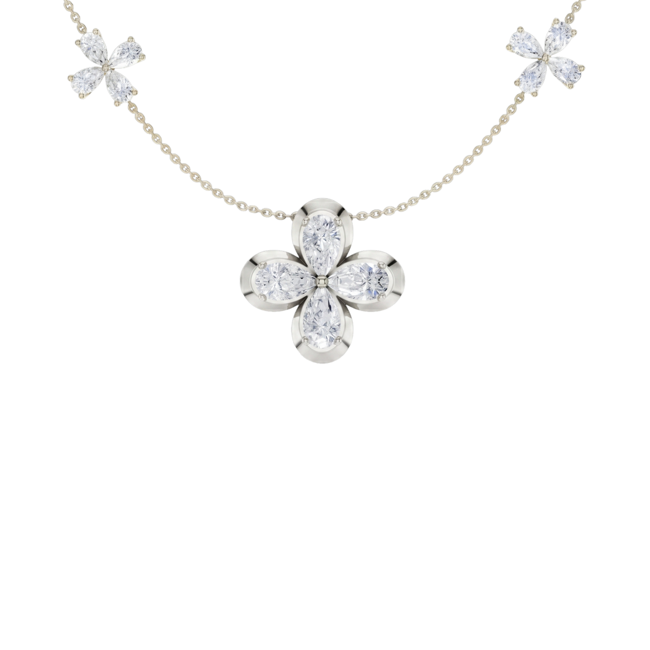 Zoomed in front view of a white gold floral diamond necklace featuring a marquise-cut diamond flower pendant with matching diamond accents along a delicate gold chain.