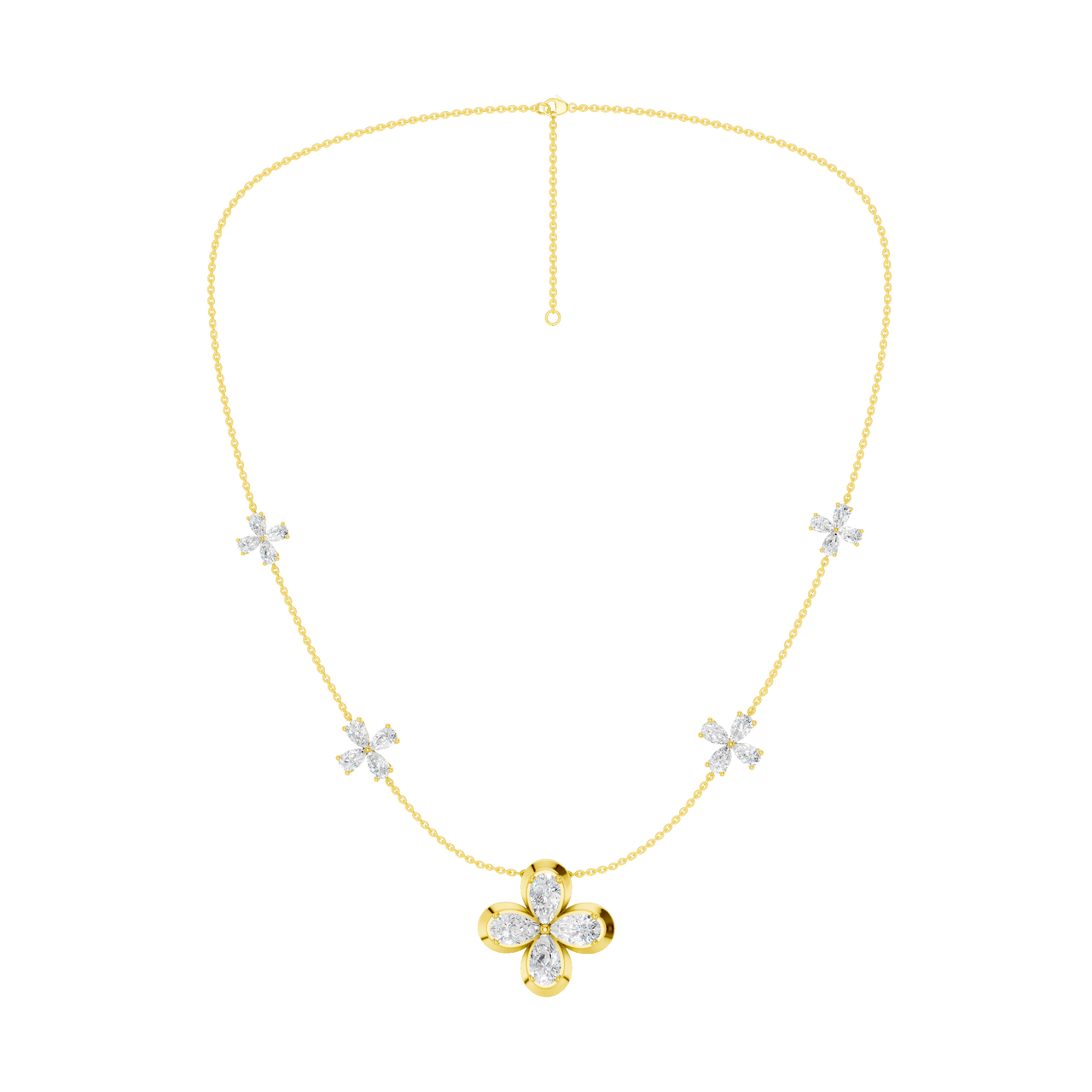 Front view of a yellow gold floral diamond necklace featuring a marquise-cut diamond flower pendant with matching diamond accents along a delicate gold chain.