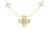 Zoomed in front view of a yellow gold floral diamond necklace featuring a marquise-cut diamond flower pendant with matching diamond accents along a delicate gold chain.