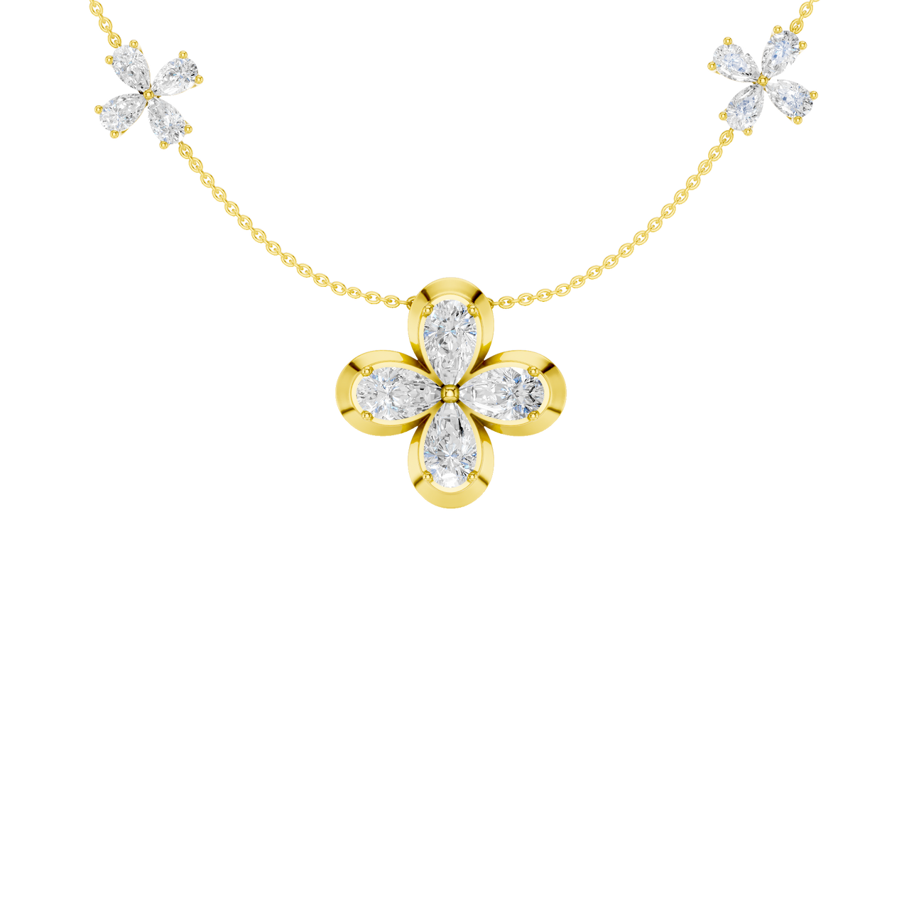 Zoomed in front view of a yellow gold floral diamond necklace featuring a marquise-cut diamond flower pendant with matching diamond accents along a delicate gold chain.