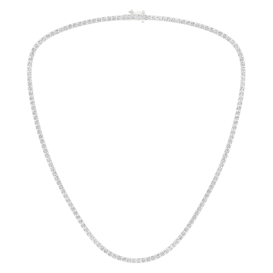 A full view of the standard 14K white gold five diamond tennis necklace, featuring continuous diamond settings.