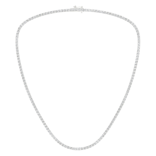 A full view of the standard 14K white gold five diamond tennis necklace, featuring continuous diamond settings.