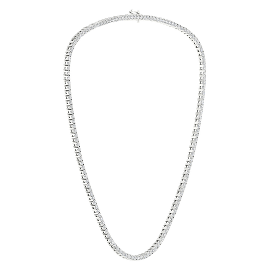 A full top-down view of a 14K white gold diamond necklace featuring long, brilliant baguette-cut stones.