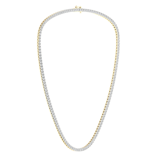 A full top-down view of a 14K yellow gold diamond necklace featuring long, brilliant baguette-cut stones.