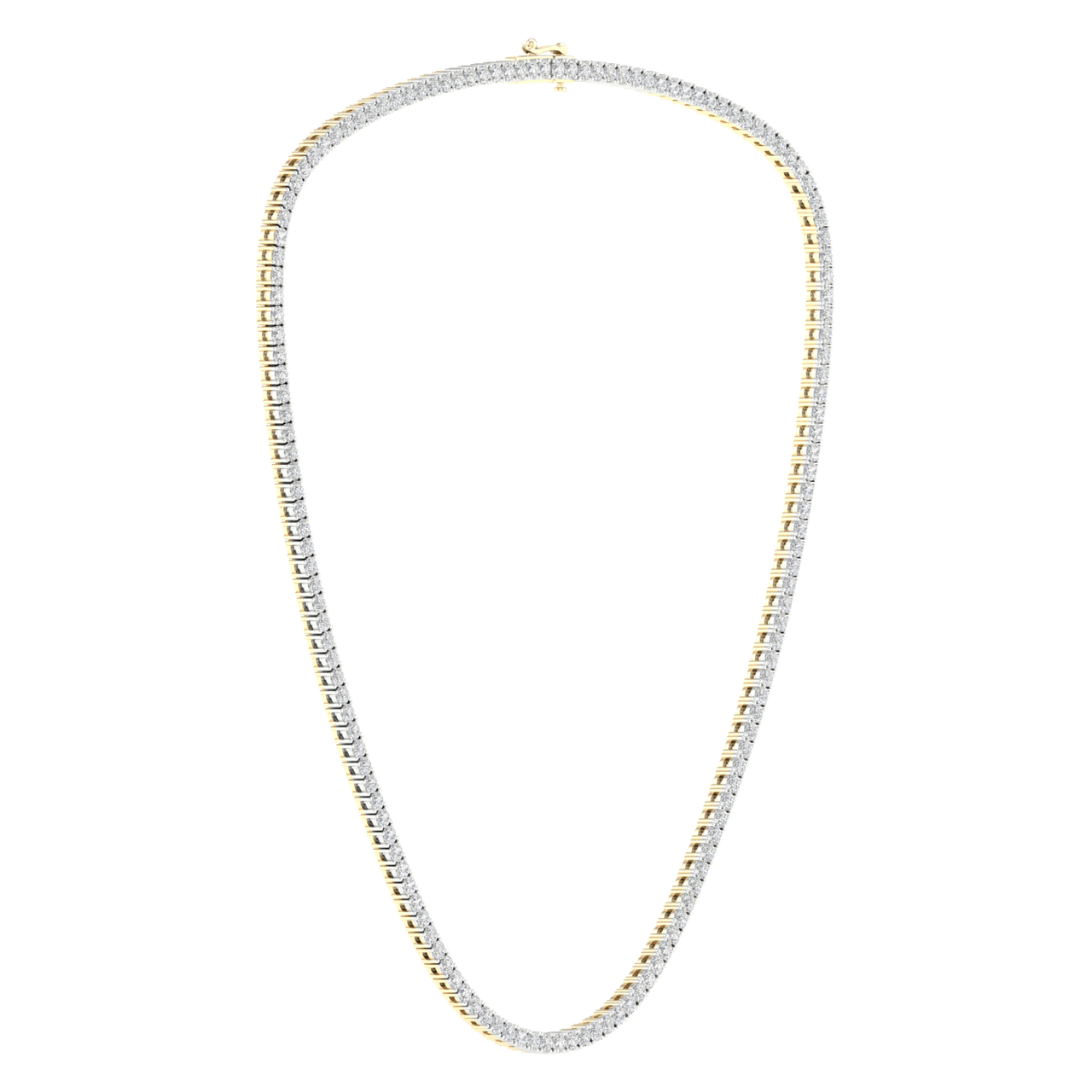 A full top-down view of a 14K yellow gold diamond necklace featuring long, brilliant baguette-cut stones.