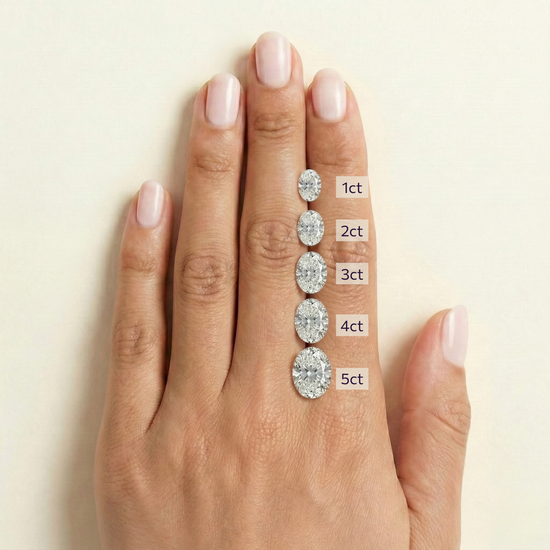 On-hand comparison of oval cut diamonds from 1 carat, 2 carat, 3 carat, 4 carat, 5 carat.