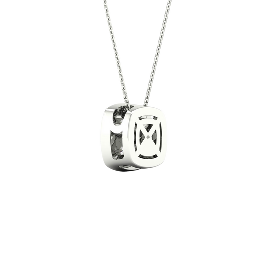Back view of a white gold cushion cluster diamond pendant necklace showing a clean, polished backing and modern construction.