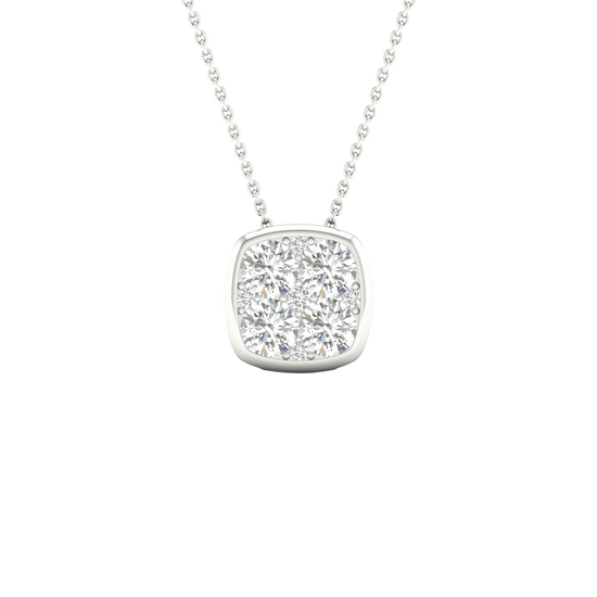 Front view of a cushion-shaped cluster diamond pendant necklace in white gold, featuring multiple brilliant-cut diamonds arranged in a soft square design on a delicate chain.