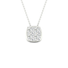 Front view of a cushion-shaped cluster diamond pendant necklace in white gold, featuring multiple brilliant-cut diamonds arranged in a soft square design on a delicate chain.
