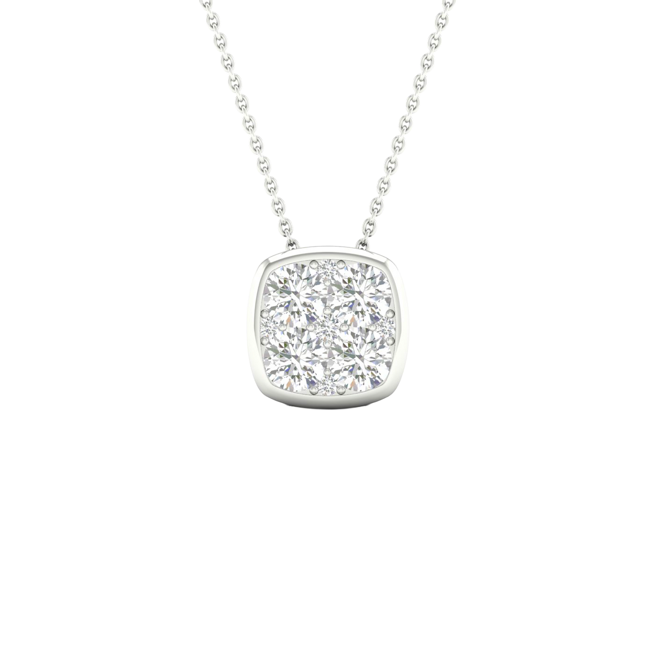Front view of a cushion-shaped cluster diamond pendant necklace in white gold, featuring multiple brilliant-cut diamonds arranged in a soft square design on a delicate chain.