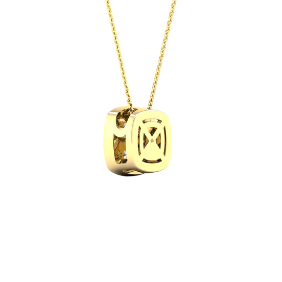 Back view of a yellow gold cushion cluster diamond pendant necklace displaying smooth gold backing and clean, modern detailing.