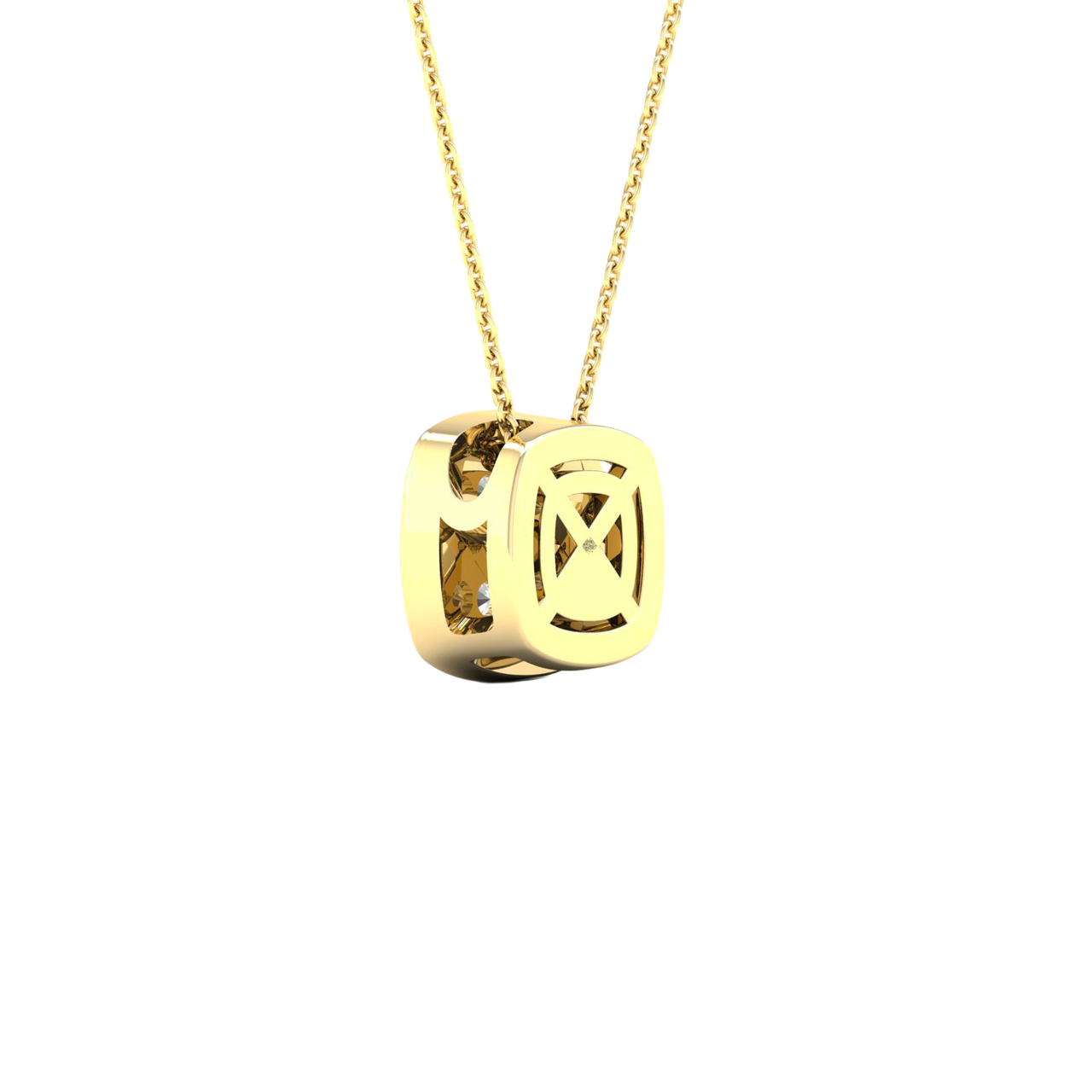 Back view of a yellow gold cushion cluster diamond pendant necklace displaying smooth gold backing and clean, modern detailing.
