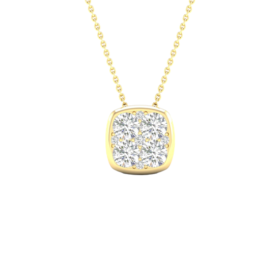 Front view of a cushion-shaped cluster diamond pendant necklace in yellow gold, featuring brilliant-cut diamonds arranged in a soft square silhouette on a fine gold chain.