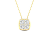Front view of a cushion-shaped cluster diamond pendant necklace in yellow gold, featuring brilliant-cut diamonds arranged in a soft square silhouette on a fine gold chain.