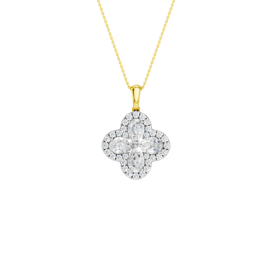 Front view of a yellow gold pendant necklace featuring a floral-inspired design with white diamonds on a delicate chain.