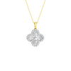 Front view of a yellow gold pendant necklace featuring a floral-inspired design with white diamonds on a delicate chain.