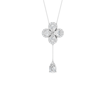 Front view of a yellow gold floral diamond necklace featuring a pear-cut diamond flower pendant with matching diamond accents along a delicate white gold chain.