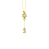 Side view of a yellow gold floral diamond necklace featuring a pear-cut diamond flower pendant with matching diamond accents along a delicate yellow gold chain.