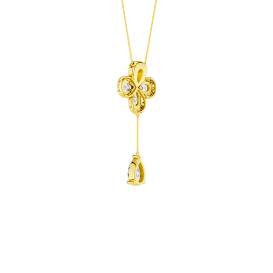 Front view of a yellow gold floral diamond necklace featuring a pear-cut diamond flower pendant with matching diamond accents along a delicate yellow gold chain.