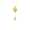 Front view of a yellow gold floral diamond necklace featuring a pear-cut diamond flower pendant with matching diamond accents along a delicate yellow gold chain.