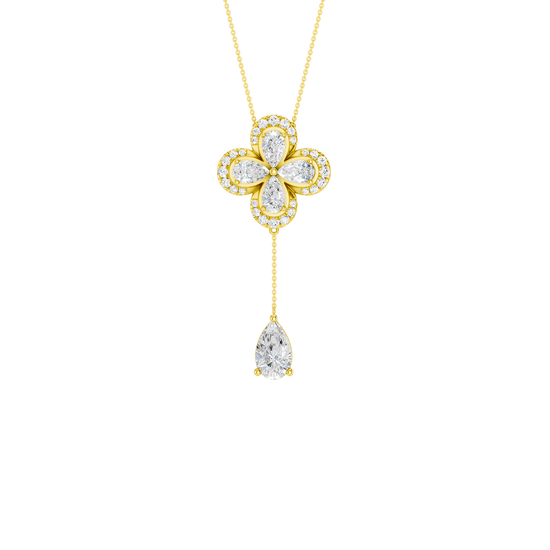 Front view of a yellow gold floral diamond necklace featuring a pear-cut diamond flower pendant with matching diamond accents along a delicate yellow gold chain.